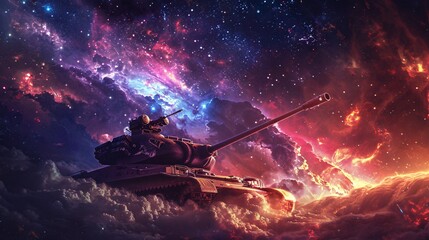 Fototapeta premium Cosmic War Machine - WWII Tank Amidst Ethereal Nebulae and Celestial Lights