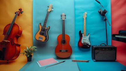 A colorful setup with musical instruments like a guitar, violin, and piano keys, with sheet music and art supplies, ample copy space in a stage-like lower banner area for festival announcements