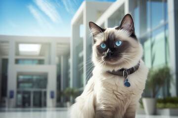 Portrait of a cute balinese cat while standing against sophisticated corporate office background