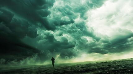 A lone runner running under an ominous green storm cloud, symbolizing the face of life's challenges