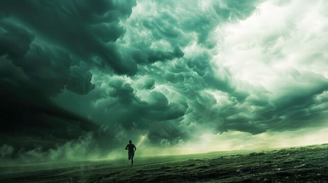 A lone runner running under an ominous green storm cloud, symbolizing the face of life's challenges