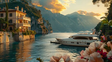 Luxury Travel Experience: Depict a luxury travel experience with scenic destinations, high-end accommodations,