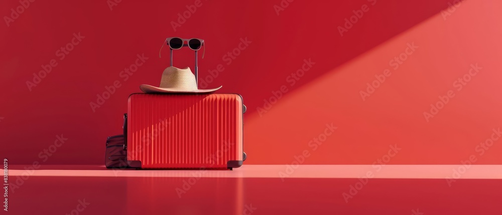 Poster a minimalist 3d rendering of a suitcase with a hat and sunglasses placed on top, set against a bold 
