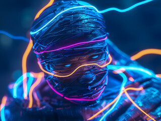 A futuristic mummy wrapped in glowing neon circuits