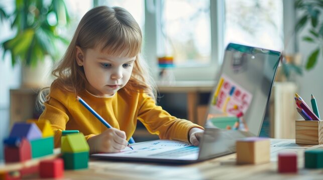 Online homeschooling child, laptop, and notebook math assignment. Distance learning, digital education, and math lessons for little girls online