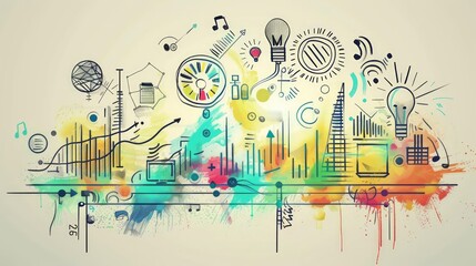 A piece of futuristic doodle art shows the evolution of business strategies as they adapt to market changes, highlighting the need for flexibility