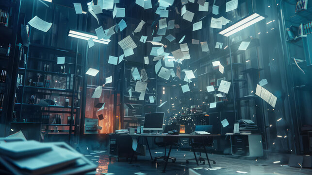 A mysterious, hightech office descends into disarray with papers flying and documents scattering, creating a futuristic mess