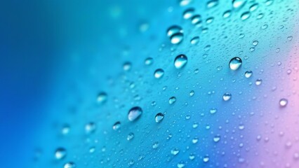 macro shot of water droplets on a smooth, gradient background transitioning from blue to purple. The droplets are evenly spaced, creating a calm and serene visual effect