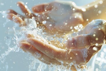 Fototapeta premium Woman's hands, water droplets, and studio for skincare, cleanup, health, and cosmetics. Model, hand, and water splash on healthy, natural cosmetics or clean beauty.