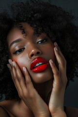 With beauty and cosmetics, black woman with red lipstick and shadow, hands under spotlight on studio background. Beautiful female, innovative and aesthetic cosmetics, art deco manicure