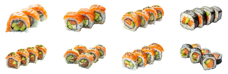 Set of assorted sushi rolls with fresh ingredients, cut out - stock png.