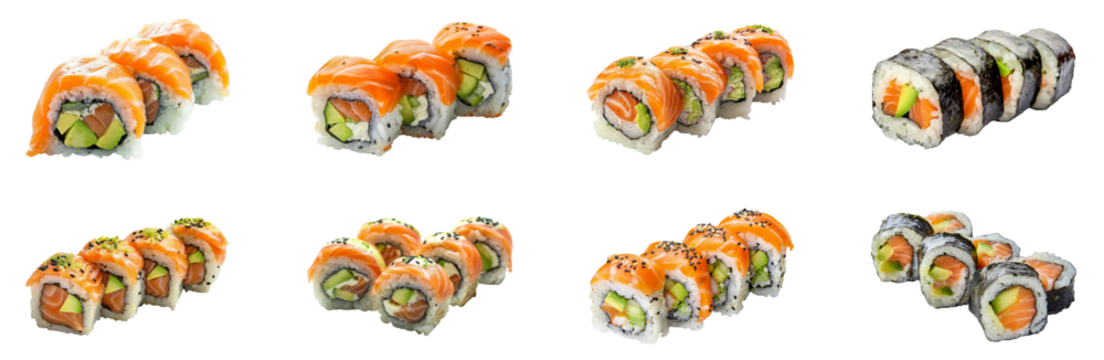 Set of assorted sushi rolls with fresh ingredients, cut out - stock png.