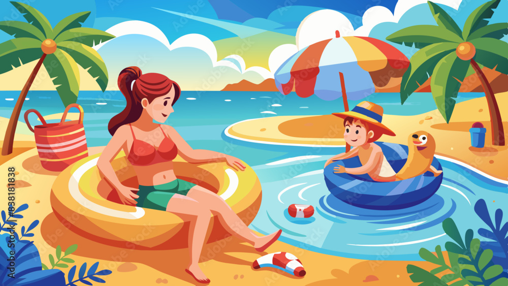 Wall mural mom with a child cooling the bed in seawater. family resting on inflatable rings on the beach.