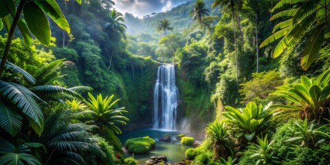 Dense jungle with exotic plants and a waterfall in the distance, wild and untamed