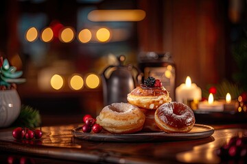 Cozy holiday setting with delicious donuts on a plate, surrounded by candles and festive decorations in a warm, ambient atmosphere.