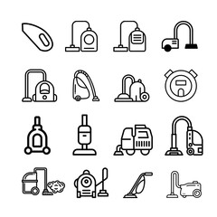 Icon set. Dust and sofa cleaning tools. Vacuum cleaner . Line vector illustration.