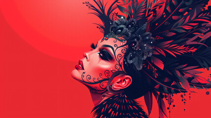 Exquisite Drag Queen: Vector Illustration of a Glamorous Performer in Elaborate Makeup and Feathered Headdress on a Simple Background