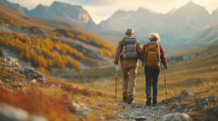 Obraz premium Adventurous Senior Couple Enjoying Hiking Amidst Majestic Mountain Landscapes.