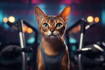 Portrait of a cute abyssinian cat in dynamic fitness gym background