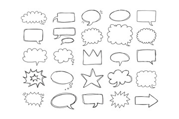Obraz premium Speaking hand drawn doodle bubbles set. Talk clouds sketch frames. Speech thought Balloon shapes.