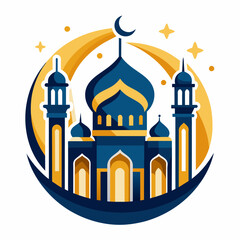 Happy Eid Al Adha Mubarak celebration banner with moon and cow goat paper cut effect on blue night color background. Eid Al Adha Mubarak Muslim celebration day