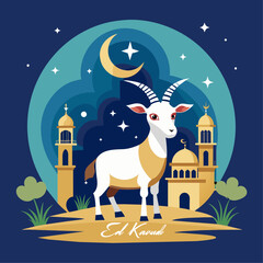 Happy Eid Al Adha Mubarak celebration banner with moon and cow goat paper cut effect on blue night color background. Eid Al Adha Mubarak Muslim celebration day