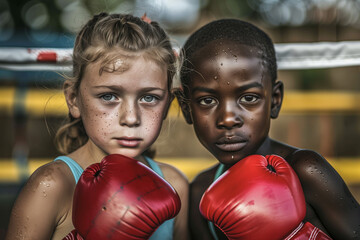 2 race child Boxing Duo, Caucasian and African Boxers, Athletic Competition, Sports Unity, Powerful Boxing banner, Boxers in Action, Caucasian little girl and African little boy fighting wrestling