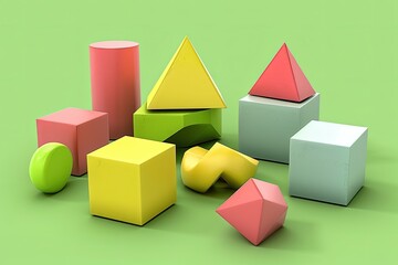Colorful geometric shapes on a green background. Various 3D forms including cubes, pyramids, and cylinders in playful arrangement.