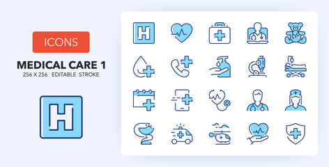 Line icons about medical care. Contains such icons as doctor, consultation, insurance and more. 256x256 Pixel Perfect editable in two colors. Set 1 of 3