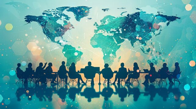 Global Business Expansion: Illustrate global business expansion with international meetings, diverse teams,