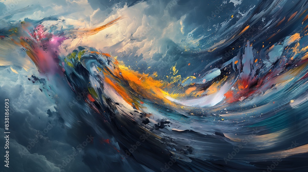 Poster 7. picture an evocative visualization of an abstract wave of paint unfolding on a blank canvas, its 