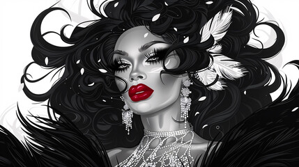Glamorous Drag Queen Portrait in High Fashion Attire with Captivating Gaze | Vector Art Illustration on Simple Background