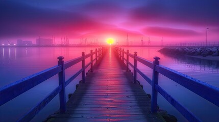 Wooded bridge in the port between sunrise. 