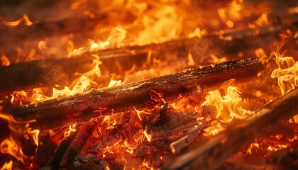 Mesmerizing Display of Fire: Charred Logs Aglow in a Campfire's Radiant Blaze