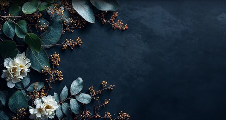 Botanical banner with floral decoration, eucalyptus leaves and berries on the right side of the frame on dark blue background . Top view. Copy space for text.