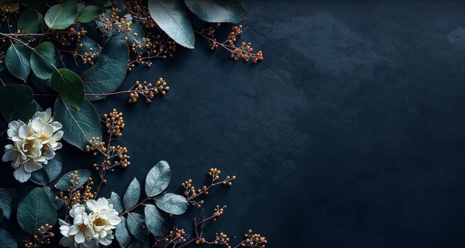 Botanical banner with floral decoration, eucalyptus leaves and berries on the right side of the frame on dark blue background . Top view. Copy space for text.