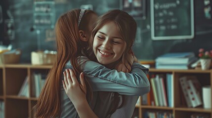 Two young friends share a heartfelt hug in a cozy classroom, symbolizing friendship and warmth. Shelves filled with books create a studious atmosphere.