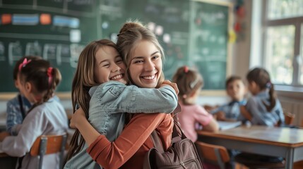 Obraz premium Happy schoolgirls hugging in a vibrant classroom, with classmates focused on studying in the background, radiating friendship and joy.