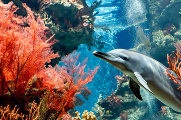 Fototapeta premium AI generated illustration of a dolphin gracefully navigating through sunlit coral reefs in the ocean