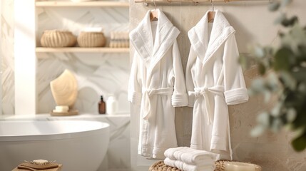 Cozy bathroom setup with matching white robes displayed on hangers.