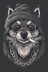 Fototapeta premium Wolf with cap and sunglasses, enjoying a cigar