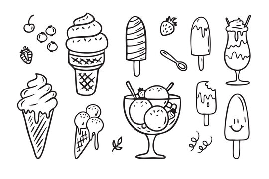 Ice cream Hand drawn doodle set. Different types, waffle cone, cup ice cream, popsicle, sundae. Sketch style cafe menu, card, birthday card decoration.