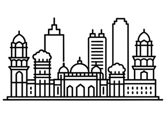 Mumbai skyline landscape view of the city of Mumbai with characteristics of buildings and monuments in line vector art, BOMBAY city vector panoramic sketch.