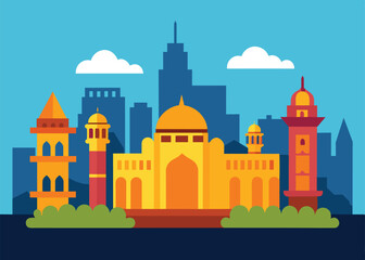 Mumbai skyline landscape view of the city of Mumbai with characteristics of buildings and monuments in line vector art, BOMBAY city vector panoramic sketch.