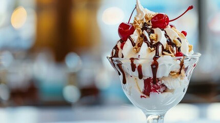 A decadent ice cream sundae topped with whipped cream, cherries, nuts, and chocolate sauce.