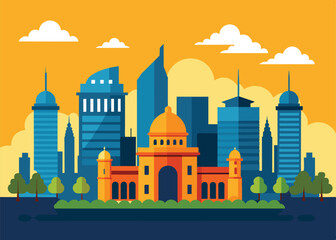 Mumbai skyline landscape view of the city of Mumbai with characteristics of buildings and monuments in line vector art, BOMBAY city vector panoramic sketch.