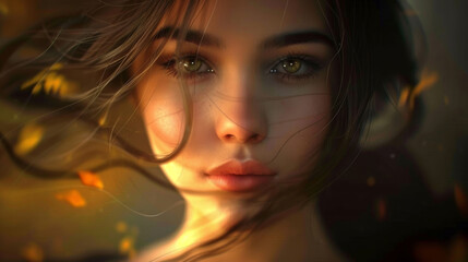 Fototapeta premium Close-up portrait of a woman with windswept hair and glowing eyes, surrounded by soft light and autumn leaves, creating a magical atmosphere. 
