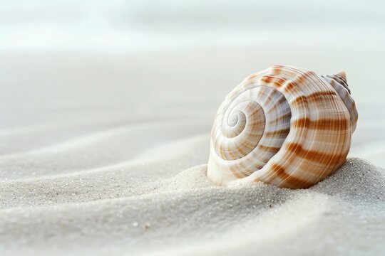 A single seashell rests on white sand, with soft sunlight illuminating its intricate spiral patterns.