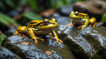 Fototapeta premium wildlife of frogs perched on rocks and trees in the forest