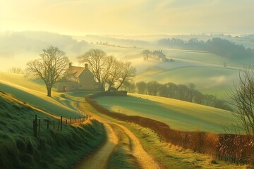 Obraz premium A winding road leads to a quaint cottage nestled in a misty, sun-drenched valley. The scene exudes tranquility and peace.